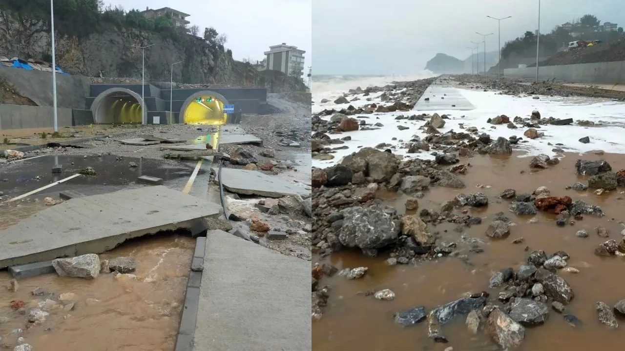 Yeni yapılmış yol dalgalar altında harabeye döndü