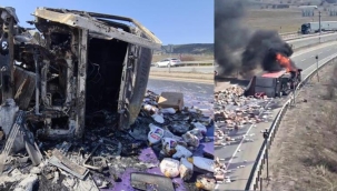 D-100 karayolunda kaza yapan TIR alev aldı